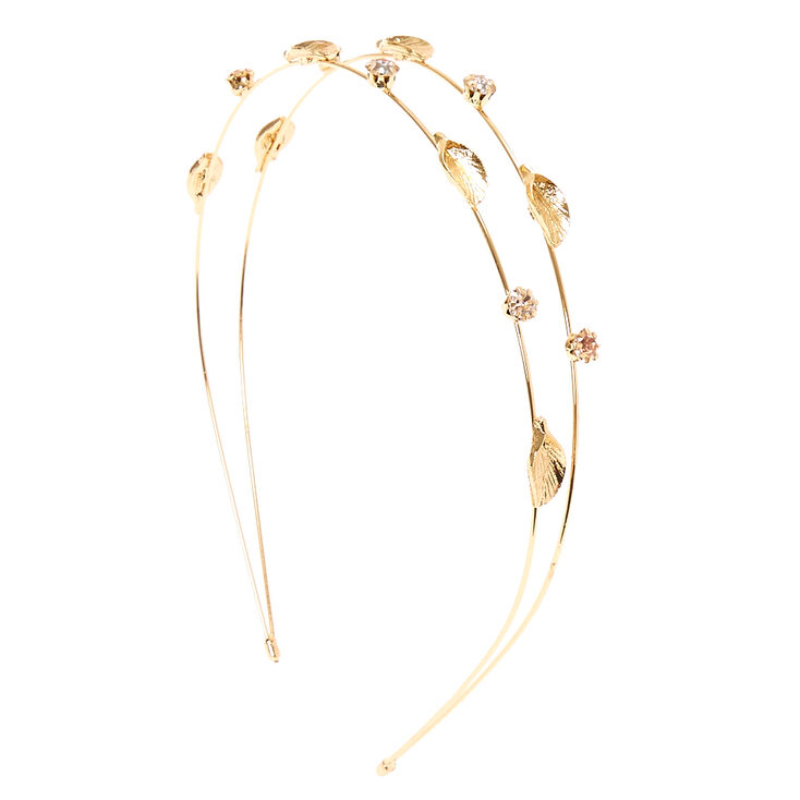 Gold Leaf & Crystal Double Row Skinny Headband,