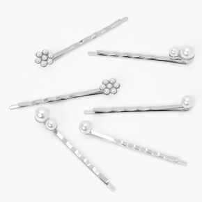 Silver Pearl Daisy Hair Pins - 6 Pack,