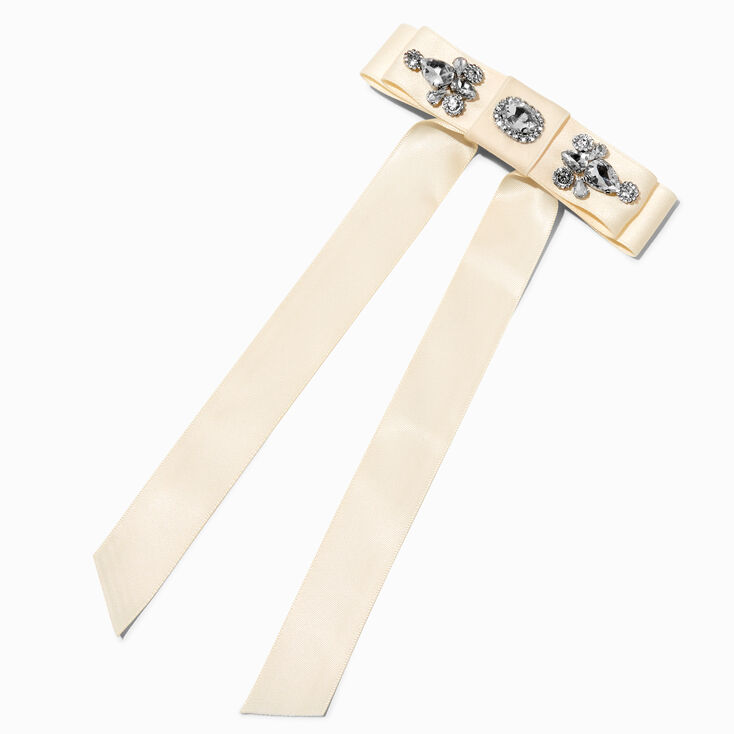 Ivory Rhinestone Studded Satin Long Tail Hair Bow Clip,