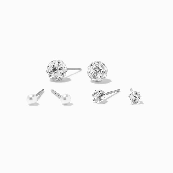 Silver Crystal Fireball Studs &amp; Pearl Earrings - 3 Pack,