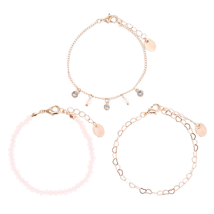 Rose Gold Beaded Heart Chain Bracelets - Blush Pink, 3 Pack,