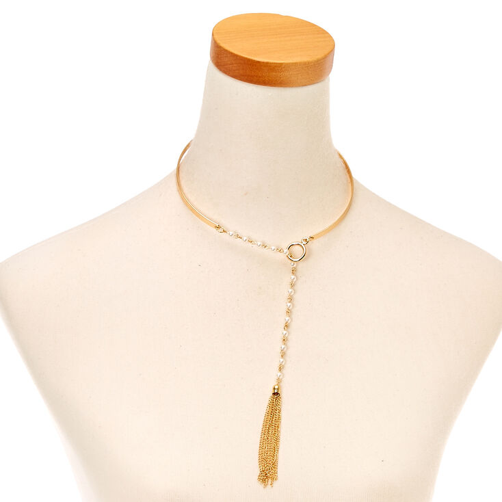 Pearl & Gold Tassel Collar Necklace,