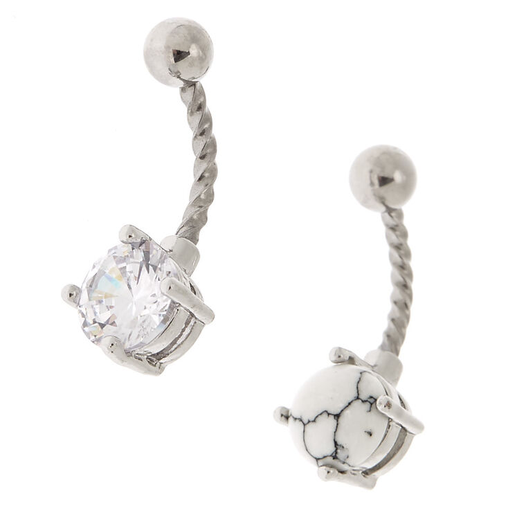 Silver Cubic Zirconia 14G Marble Stone Belly Rings - 2 Pack,
