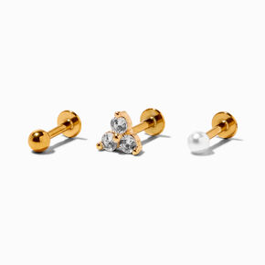 Gold 16G Crystal Tri-Ball Labret Studs - 3 Pack,