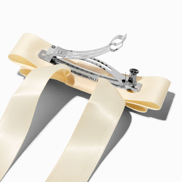 Ivory Rhinestone Studded Satin Long Tail Hair Bow Clip,