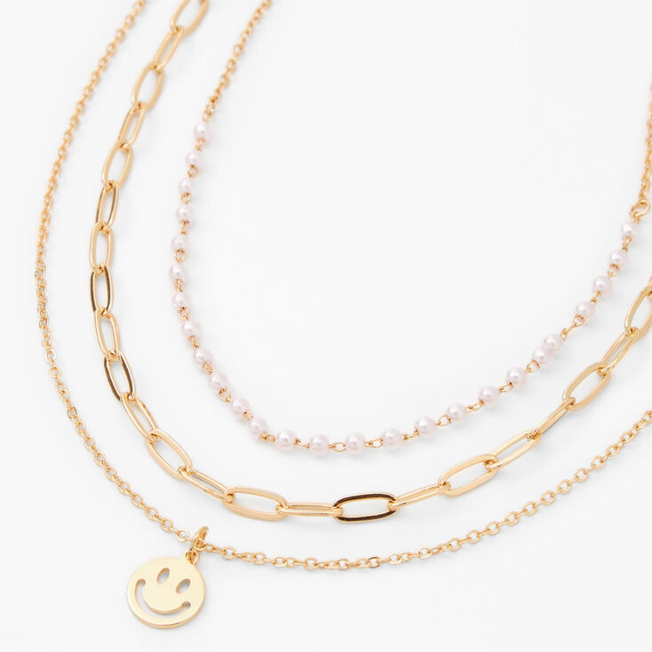 Gold Happy Face &amp; Pearl Chain Multi Strand Necklace,