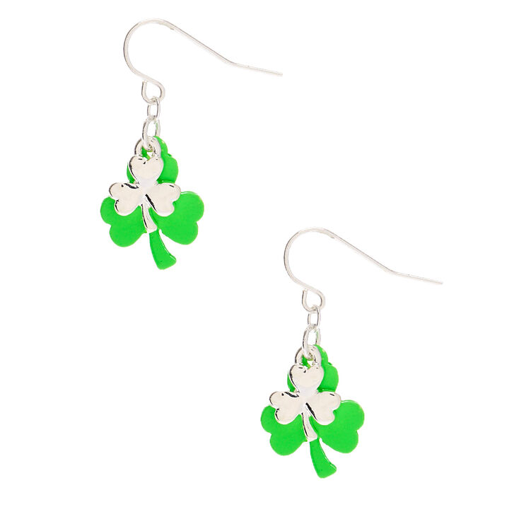 Silver 1" Layered Shamrock Drop Earrings - Green,