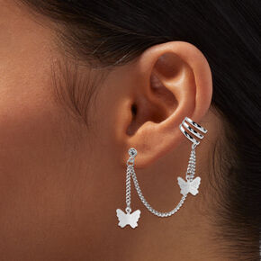 Silver-tone Butterfly Connector Cuff Earring Stackables - 5 Pack,