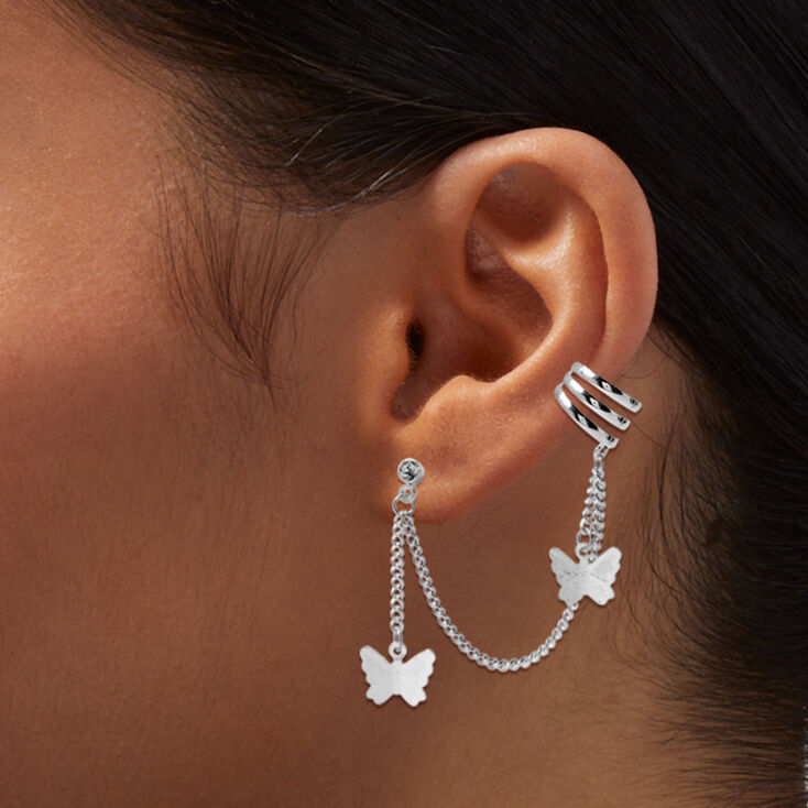 Silver-tone Butterfly Connector Cuff Earring Stackables - 5 Pack,