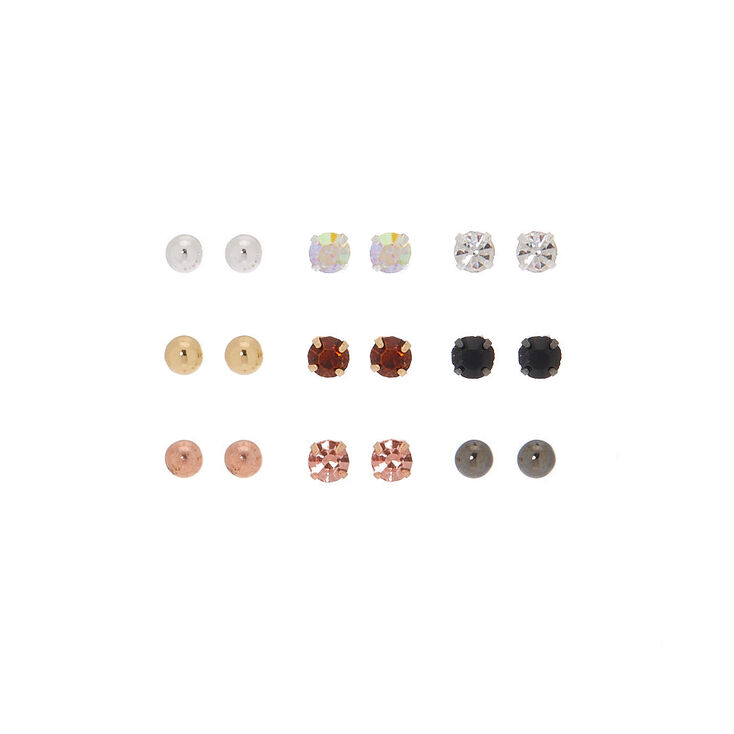 Mixed Metal Stud Earrings - 9 Pack,