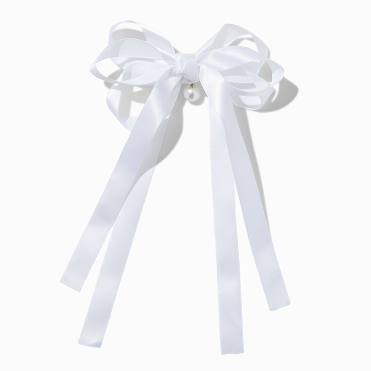 White Satin Pearl Long Tail Bow Hair Clip,