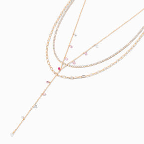 Pink Crystal Gold Y-Neck Multi-Strand Necklace,
