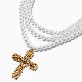 Gold-tone Ornate Cross Pendant Pearl Multi-Strand Necklace ,