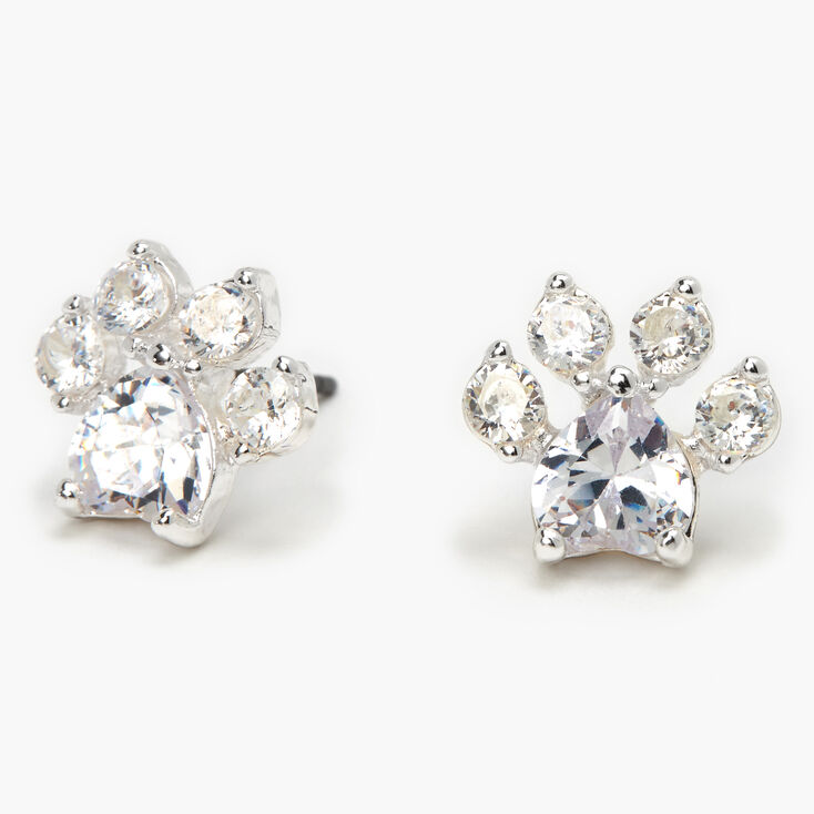 Silver Cubic Zirconia Paw Print Stud Earrings - 10MM,