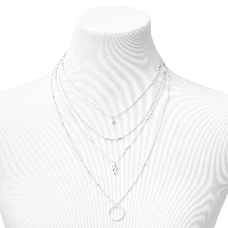 Silver O-Ring &amp; Spike Chain Multi Strand Necklace,