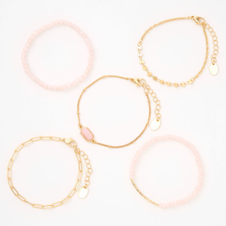 Gold &amp; Pink Beaded Bracelet Set - 5 Pack,