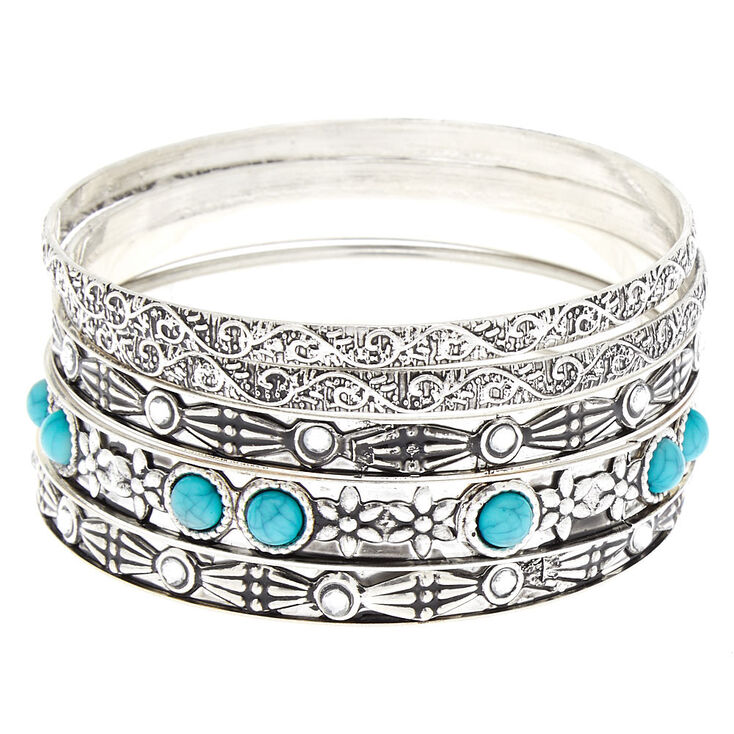 Silver Vintage Bangle Bracelets - Turquoise, 5 Pack,
