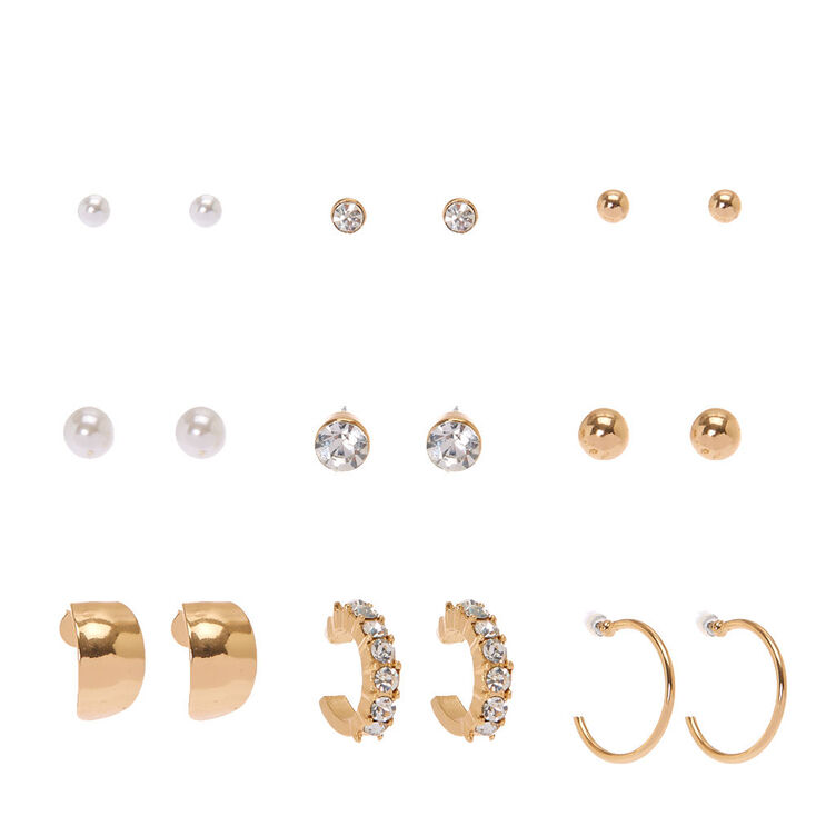 Classic Gold Tone Stud & Mini Half Hoop Earrings,