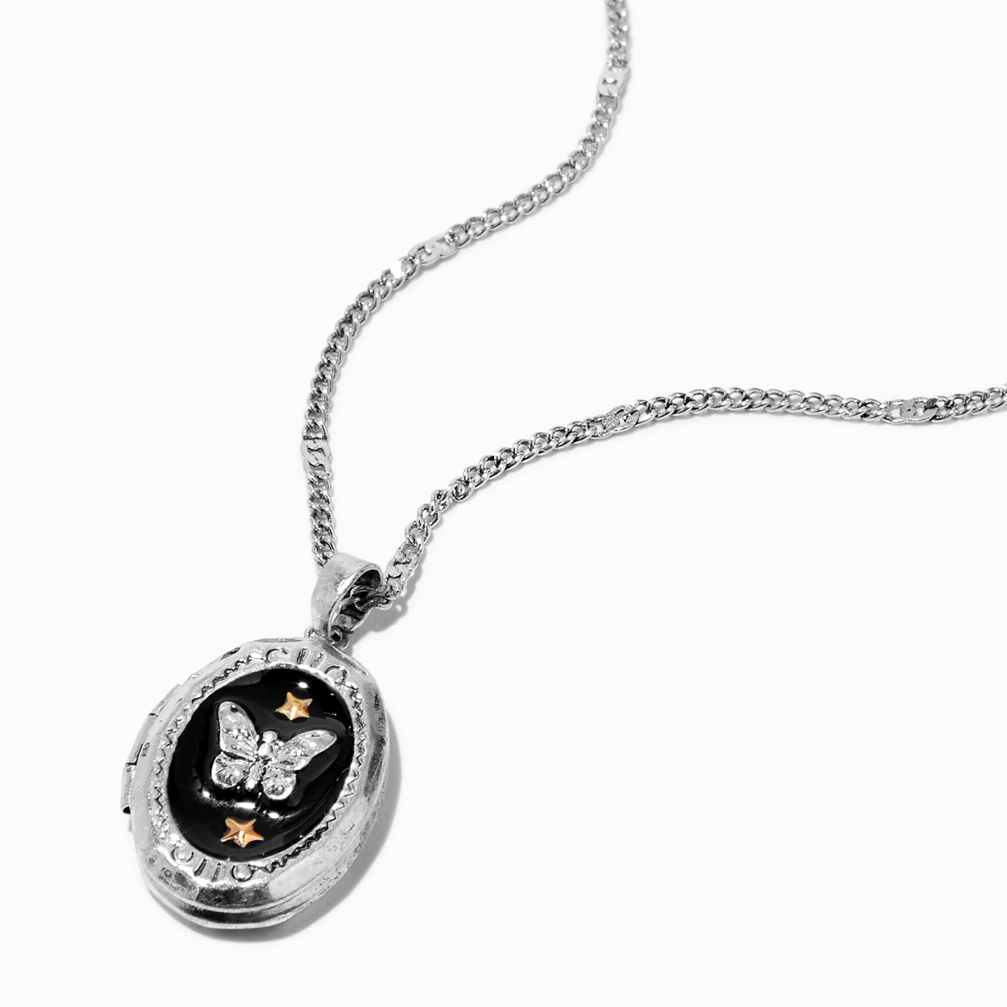 Burnished Silver Butterfly Black Locket Pendant Necklace Icing US