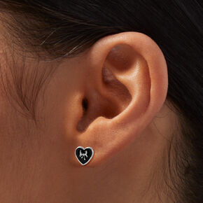 Silver Bow Black Heart Stud Earrings,