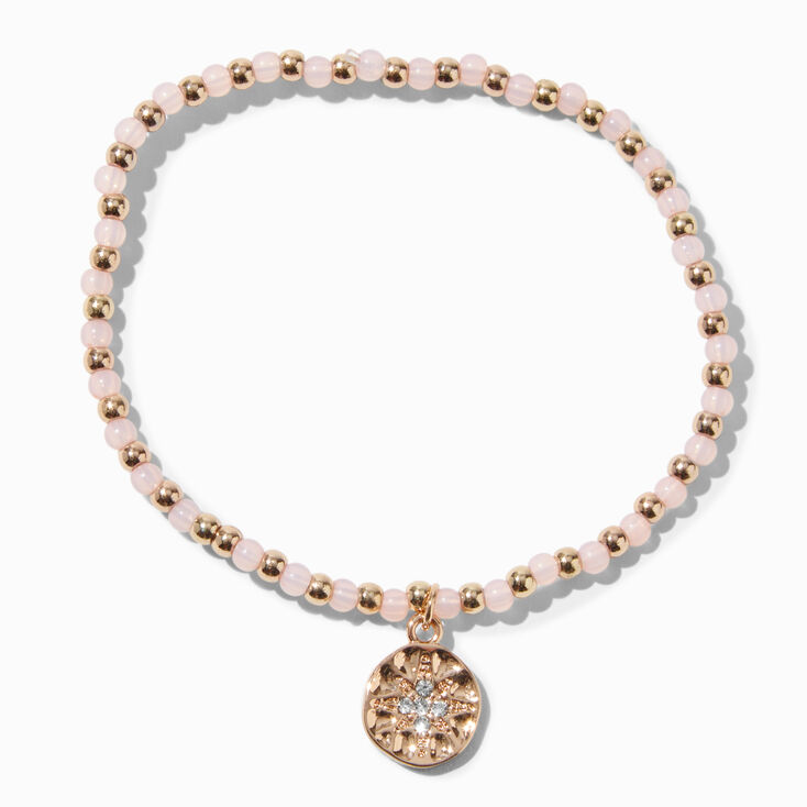 Pink &amp; Gold Beaded Stretch Medallion Charm Bracelet,