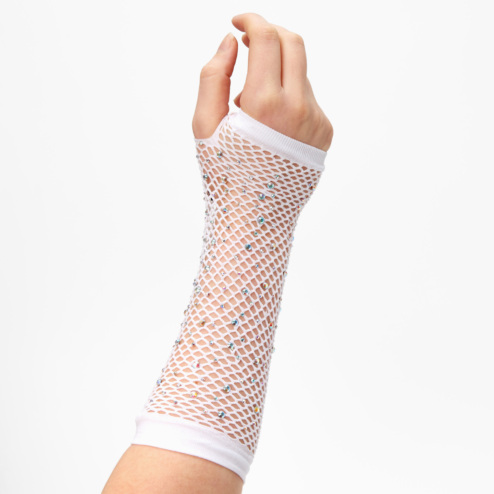 Rhinestone Fishnet Arm Warmers - White
