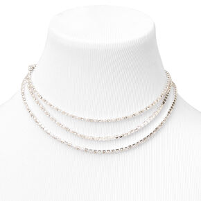 Silver Rhinestone Pearl Multi Strand Choker Necklace,