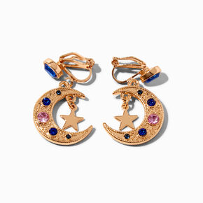 Gold 1&quot; Blue Crescent Moon Star Clip On Drop Earrings,
