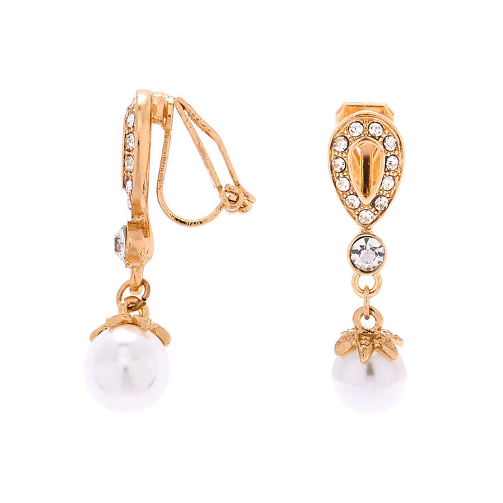 Gold 1" Crystal and Pearl Clip On Drop Earrings,