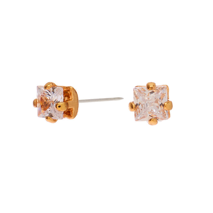 Gold Cubic Zirconia Square Stud Earrings - 3MM,