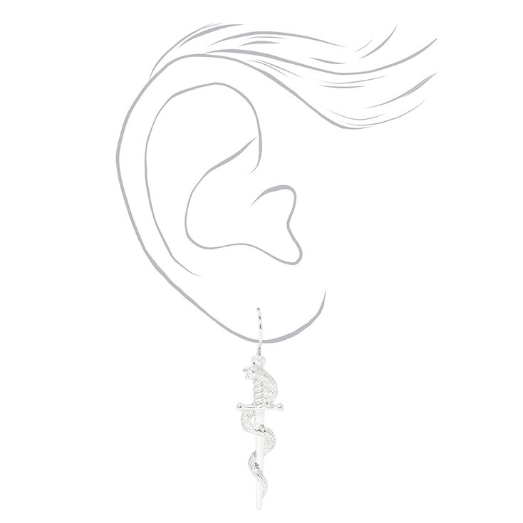 Silver 1.5&quot; Snake Dagger Drop Earrings,