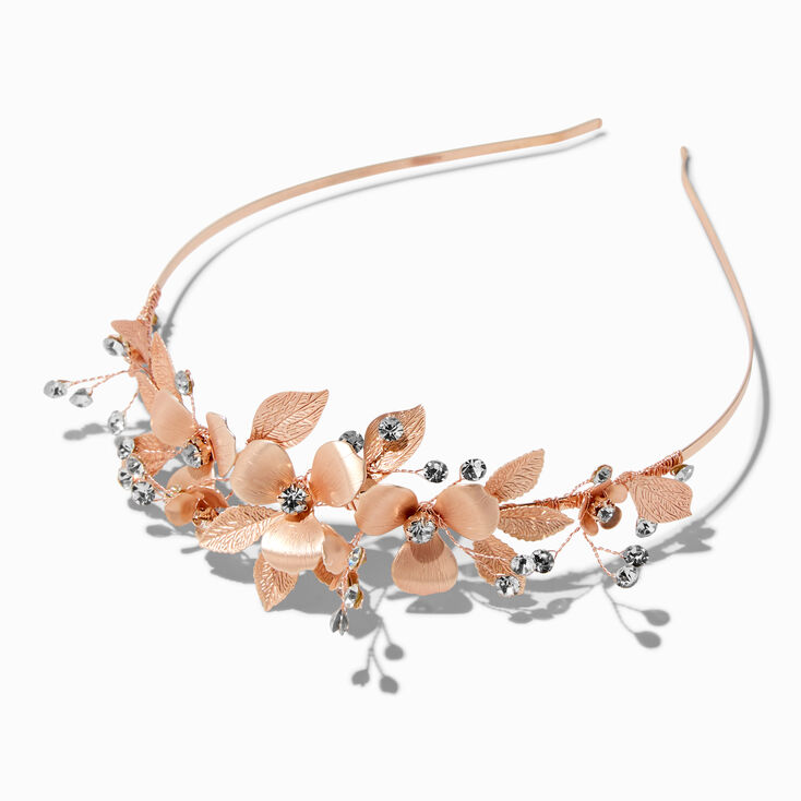 Rose Gold-tone Matte Flower &amp; Rhinestone Headband,