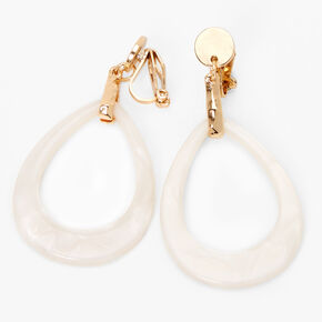 Gold 2&quot; Teardrop Clip On Drop Earrings - White,