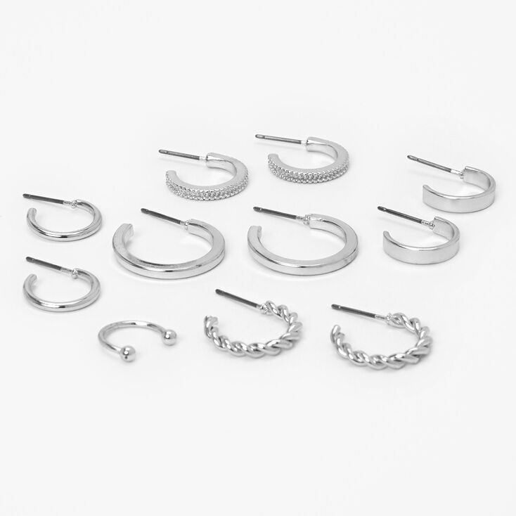 Silver Mixed Hoop Earrings and Ear Cuff Set - 6 Pack,