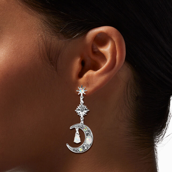 Silver 2&quot; Opal Starburst Moon Clip-On Drop Earrings,