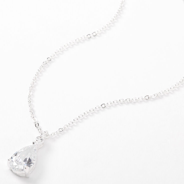 Silver Cubic Zirconia Single Teardrop Rhinestone Pendant Necklace,