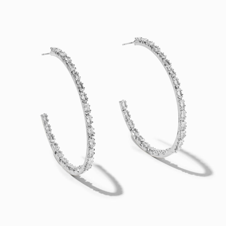 Silver Cubic Zirconia Baguette 50MM Hoop Earrings,