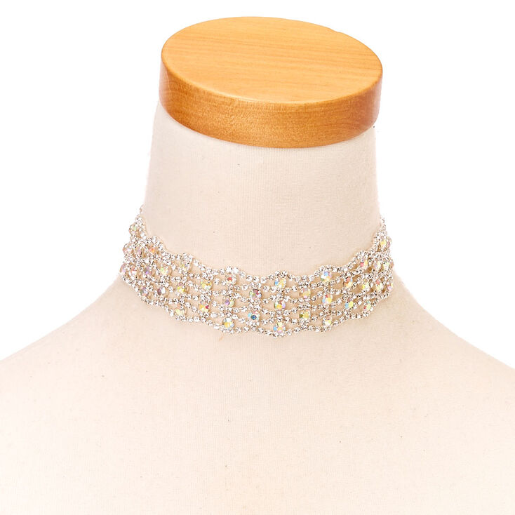 Iridescent Silver Crystal Choker Necklace,