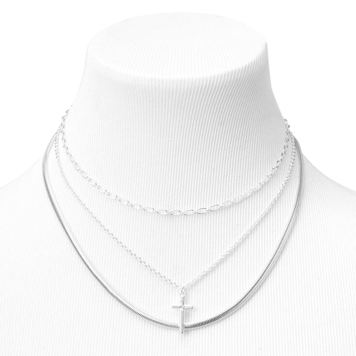 Silver Cross Multi Strand Choker Necklace,