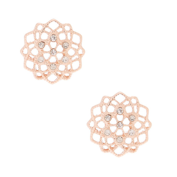 Rose Gold Filigree & Rhinestone Stud Earrings,