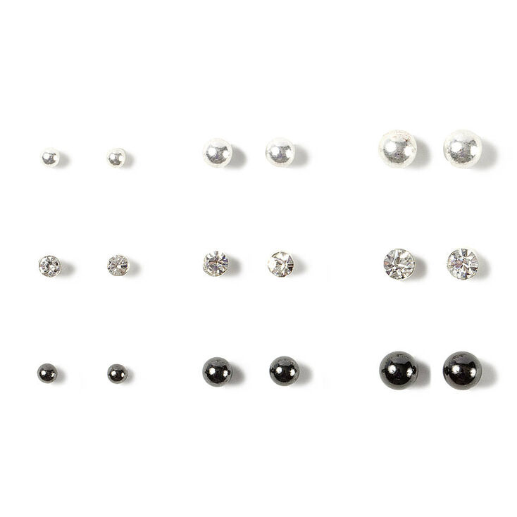 Extra Small Silver, Hematite & Crystal Studs Set of 9,
