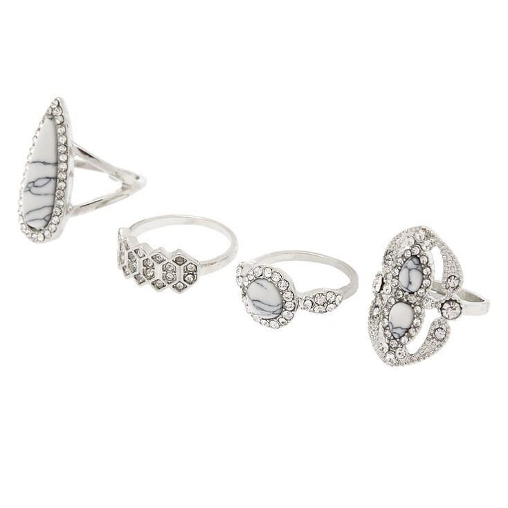 Silver Marble Rings - White, 4 Pack,
