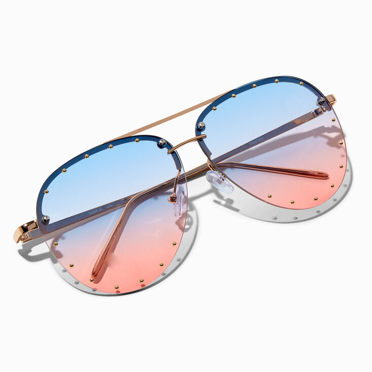 Studded Gold Round Faded Lens Sunglasses,