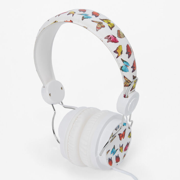 Butterfly Print White Headphones,