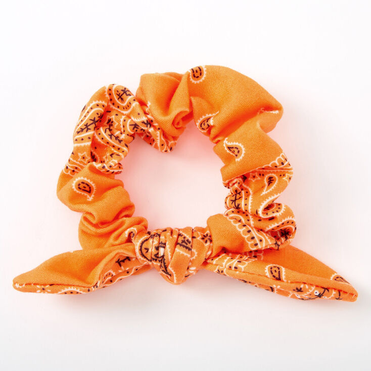 Small Bandana Knotted Bow Hair Scrunchie - Neon Orange,