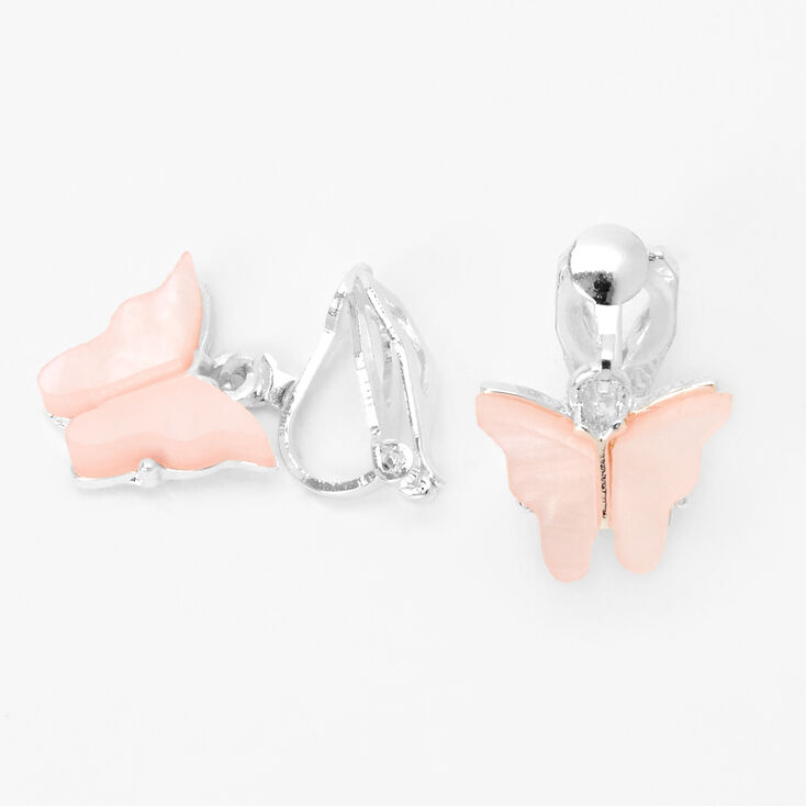 Silver Butterfly Clip On Drop Earrings - Pink,