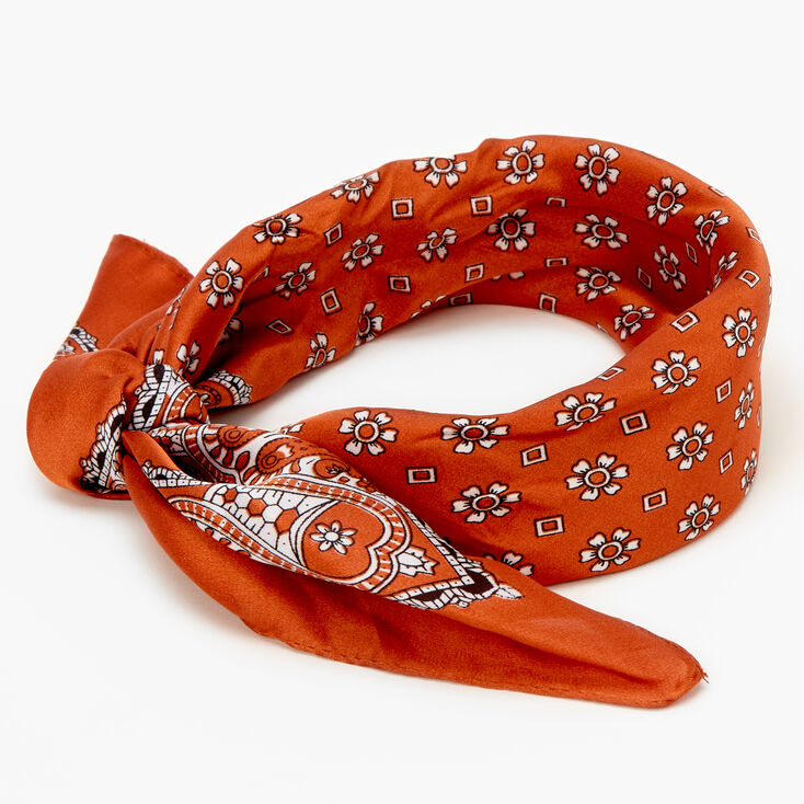 Floral Paisley Silky Bandana Headwrap - Rust,