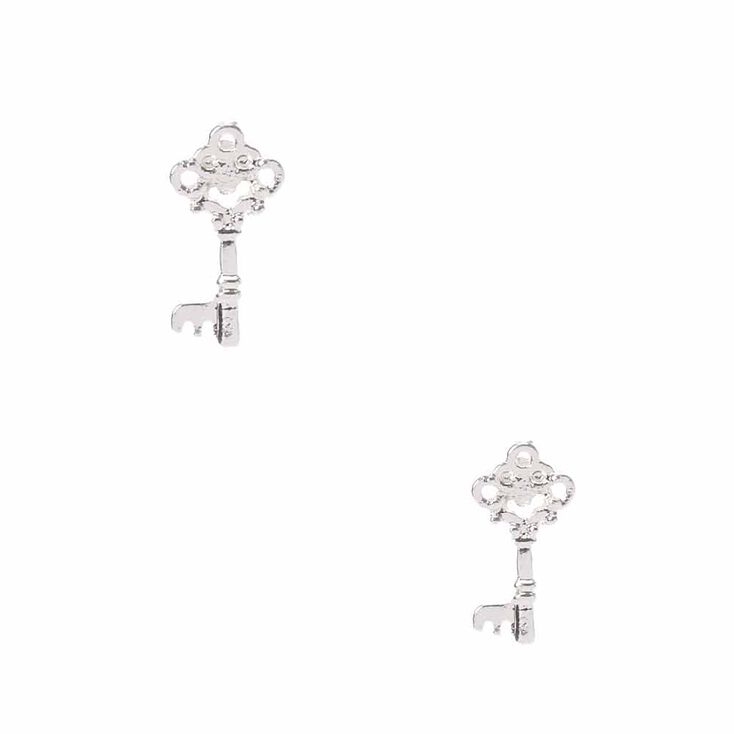 Silver Tone Key Stud Earrings,
