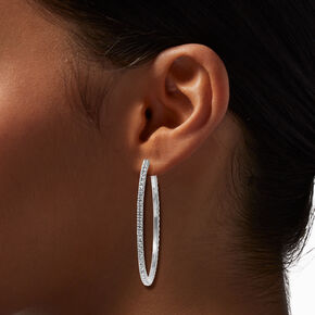 60MM Silver Tone Faux Crystal Lined Hoop Earrings,