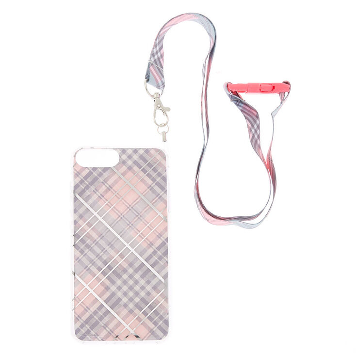 Pink Plaid Lanyard Phone Case - Fits iPhone 6/7/8 Plus,